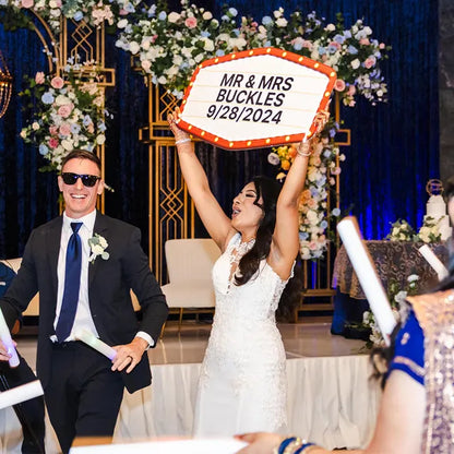 Red and Gold Marquee Wedding Reception Entrance Sign